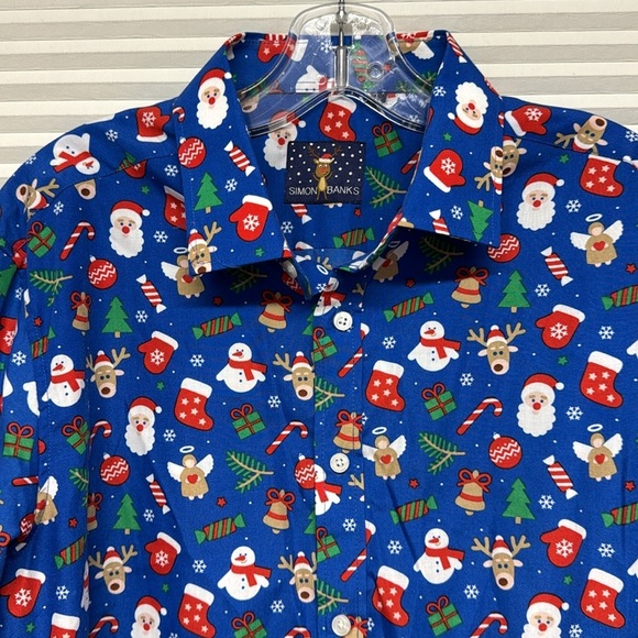 Simon Banks NWT Blue Christmas Print Holiday Long Sleeve Button Down Shirt - Picture 2 of 8